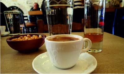 Coffee, water and metaxa